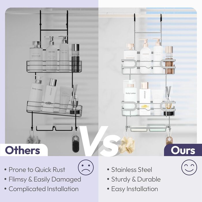 Настінна поличка для душу SWTYMIKI з нержавіючої сталі з 2 кошиками та 2 мильницями, 14 гачків, срібна