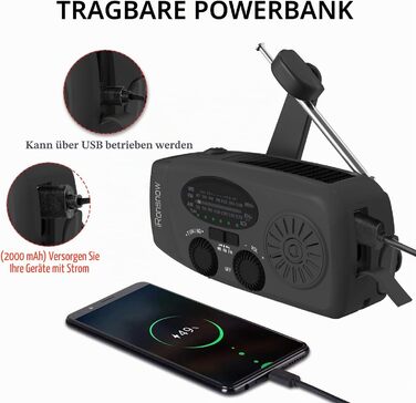 Сонячна радіостанція iRonsnow з ручним заводом, ліхтариком LED, 2000mAh AM/FM, USB зарядка, Powerbank, для походу, кемпінгу (Чорний)