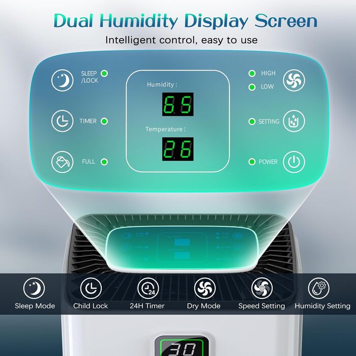 12L/Day Dehumidifier with Digital Humidity Display, Automatic Dehumidification, 24H Timer, Continuous Drainage, 2.5L Water Tank, Drain Hose, Ideal for Basements, Against Moisture