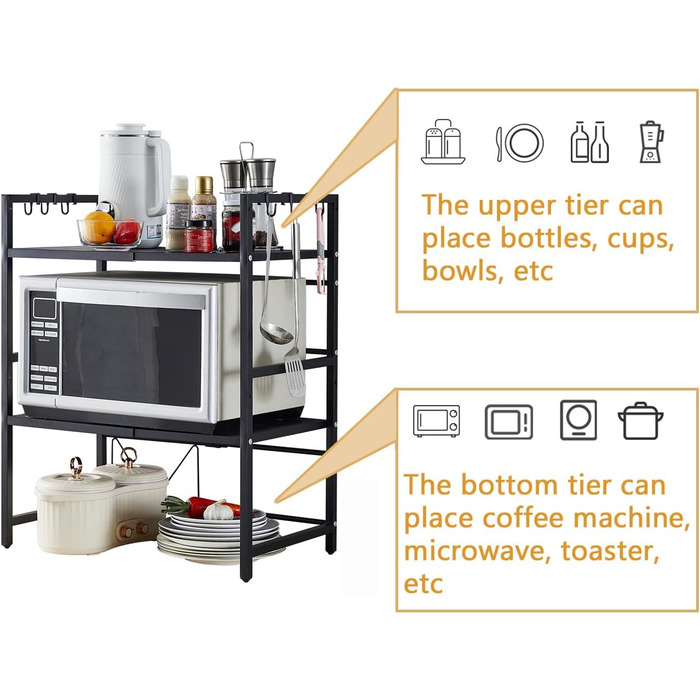 Розширювана полиця для мікрохвильової печі, органайзер для кухні, підставка для фритюрниці, 3 яруси, чорний