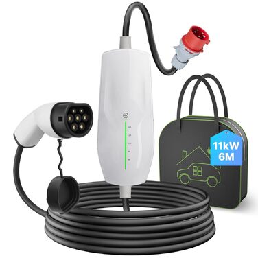 Teskee Мо́більна зарядна станція для електромобілів 11 кВт, роз'єм Type 2, кабель 6 метрів, 3-фазний CEE-штекер