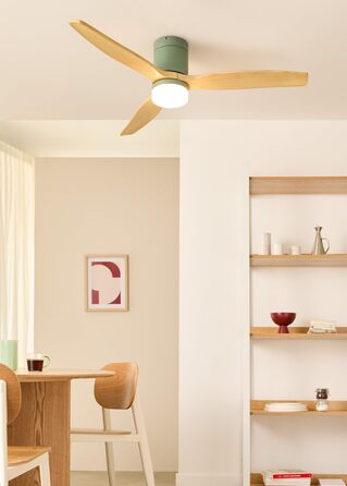Вентилятор стельовий WINDCALM M з підсвіткою, Wi-Fi та пультом ДУ, 132 см, 40W, світлодіодне освітлення (3 температури), шалфейно-зелений, дерев'яні лопаті