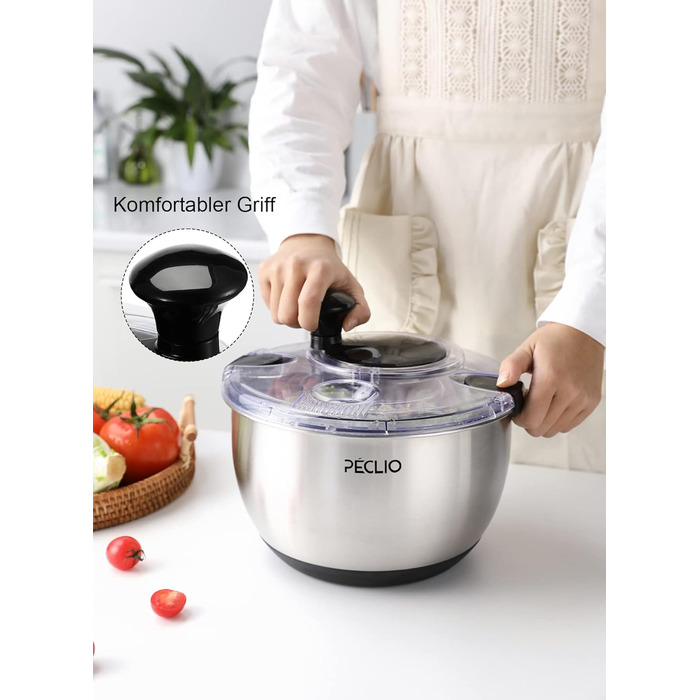 Large 4.5L Salad Spinner Stainless Steel 18/10 High-Quality with Transparent Lid, Non-Slip Bottom - Salad Spinner with Crank Mechanism - BPA-Free & Dishwasher Safe, Black