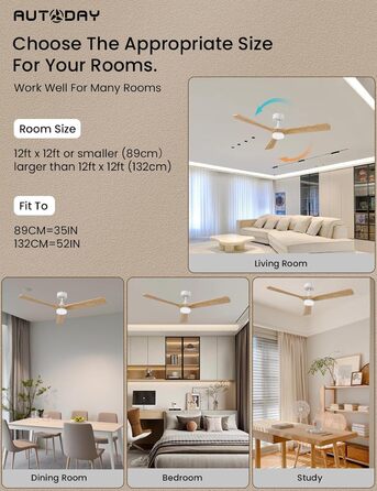 Стеляний вентилятор Holz з підсвічуванням, тихий DC-двигун, 90 см, для вулиці, 3 дерев'яні лопаті, регульоване LED-освітлення 24W, пульт з пам'яттю, 6 швидкостей, таймер (дерево, 52 дюйми)