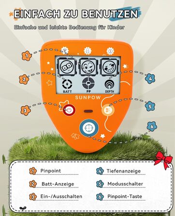 Металодетектор SUNPOW для дітей - LCD-дисплей з мультфільмами, водонепроникна котушка IP68, унісекс дизайн, 3 режими (All Metal/Disc/Pinpoint), регульована ручка 81-102 см для дітей 5-12 років, помаранчевий