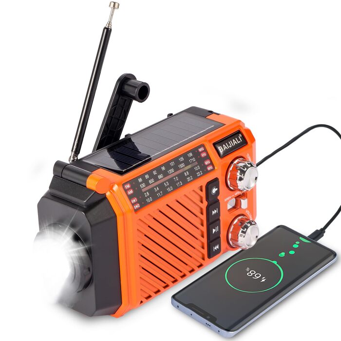 Радіо-приймач Kurbelradio з сонячною панеллю, Powerbank 2600mAh, AM/FM/SW, LED-ліхтарик та SOS-сигналом для екстрених ситуацій (Оранжевий)