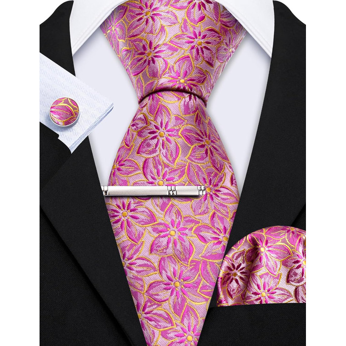 Набір краваток Barry.Wang: краватка, кишеньковий хустинка та запонки. Офісний стиль, рожевий колір з квітковим візерунком для весілля