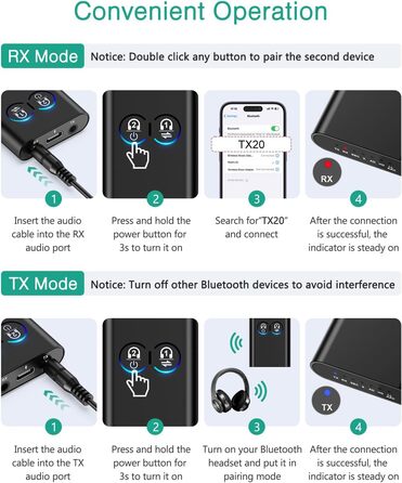 ORIA Bluetooth 5.3 Аудіоадаптер 2-в-1: для стереосистем, навушників, колонок, ноутбуків. Зарядка Type-C (Чорний)