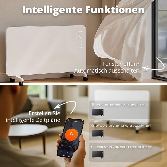 Розумний конвектор FlinQ Smart 2000W, електричний обігрівач з Wi-Fi керуванням, 96 x 46 x 13 см, білий
