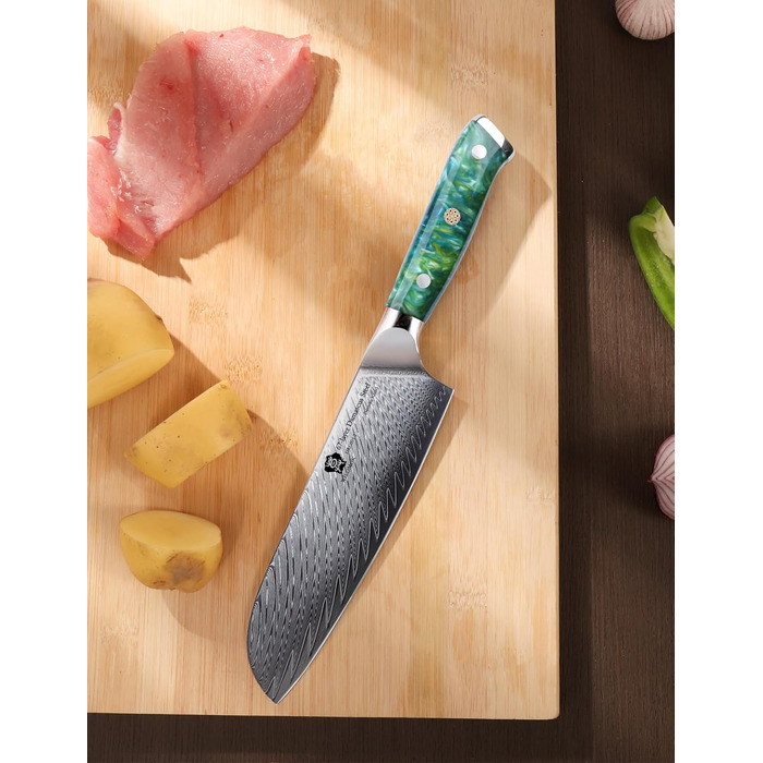 Японський кухонний ніж Santoku WILDMOK 17 см, сталь VG10 Дамаск, зелена рукоятка, професійний ніж для кухні