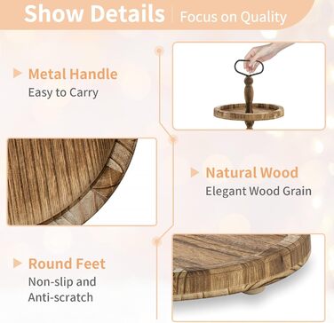 Двоярусна підставка для тортів NUPTIO з дерева, дерев'яна підставка для чаювання, рустикальна підставка для тортів у стилі ферми, солодкий стійкий стійка з металевою ручкою для весілля, дня народження, Різдва, Хелловіна, вечірки, світло-коричнева