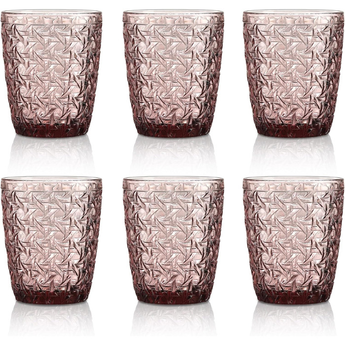 Joeyan 300ml Rosa Wassergläser Vintage, Colored Drinking Glasses with Embossed Design, Colored Glasses Set of 6, Dishwasher Safe