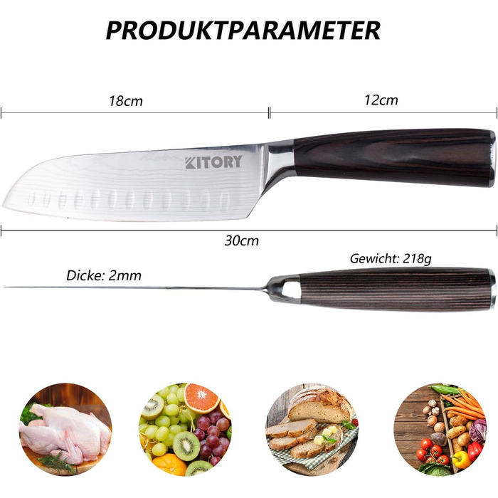 Ніж Santoku Kitory 17 см, кухонний ніж для нарізки, ергономічна ручка, подарункова коробка та захист леза