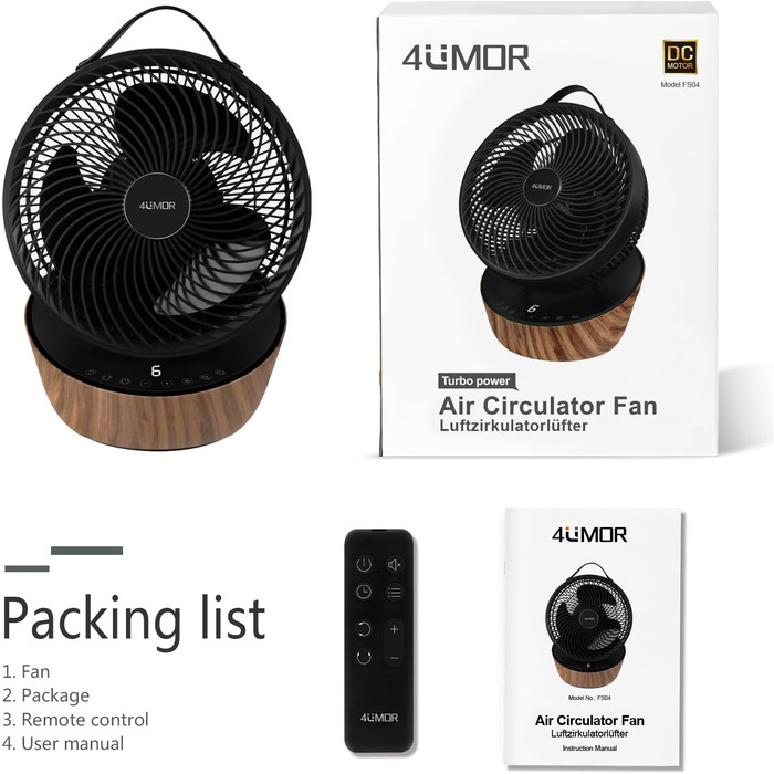 Вентилятор 4UMOR Turbo: тихий, 21W, 12 швидкостей, 3D циркуляція повітря, таймер 8H, для спальні/офісу, 30 м²