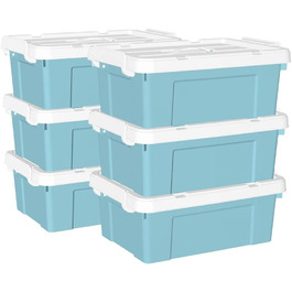 Cetomo 65 l x 6 Plastic Storage Box, Tote Bag, Organizer Container with Sturdy Lid and Secure Locking Buckles, Stackable and Nestable, 6 Pieces, Blue with Buckle (15L*6)