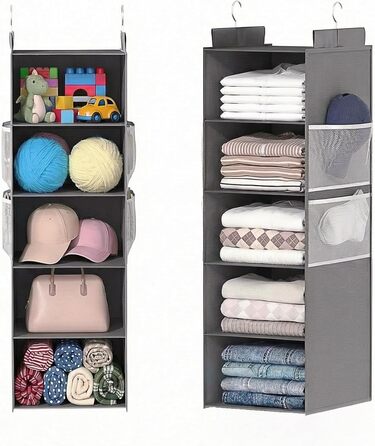 Організатор для шафи Extra Tief - 6-ярусний з 4 кишенями з сітки, для зберігання речей, ідеальний для студентів та кемпінгу (Сірий)