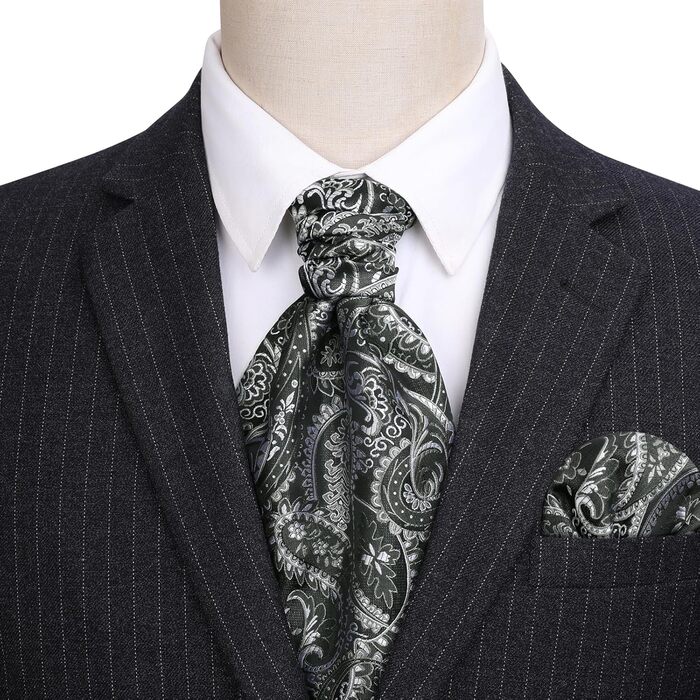 HISDERN Комплект краватка-снуд, краватка-аскот, хустинка для кишені чоловіча Paisley сіра/срібна для весілля та бізнесу