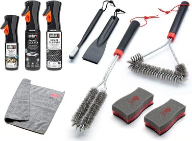 Weber Grill Cleaning Set for Enamel Grills, includes: 3 Grill Brushes, Grill Grate & Enamel Cleaner (300ml each), Non-Stick Spray 200ml, Microfiber Cloth, Scraper, 2 Cleaning Sponges (18284)
