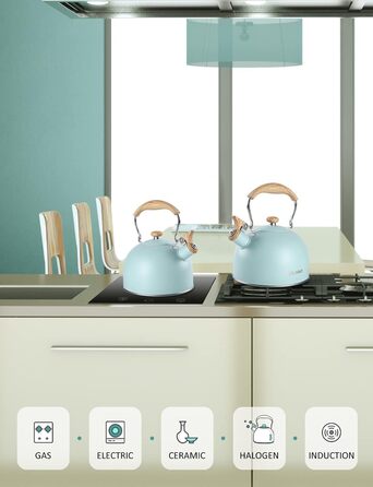 Чайник BELANKO з свистком, 2.5 л, нержавіюча сталь, з дерев'ястим декором, складна ручка, для чаю, кави, молока – блакитний