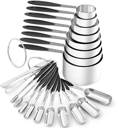 Measuring cups and spoons – Wildone stainless steel 20-piece stackable set, includes 8 black measuring cups, 10 measuring spoons, 1 leveler, and 1 whisk, for dry and liquid ingredients