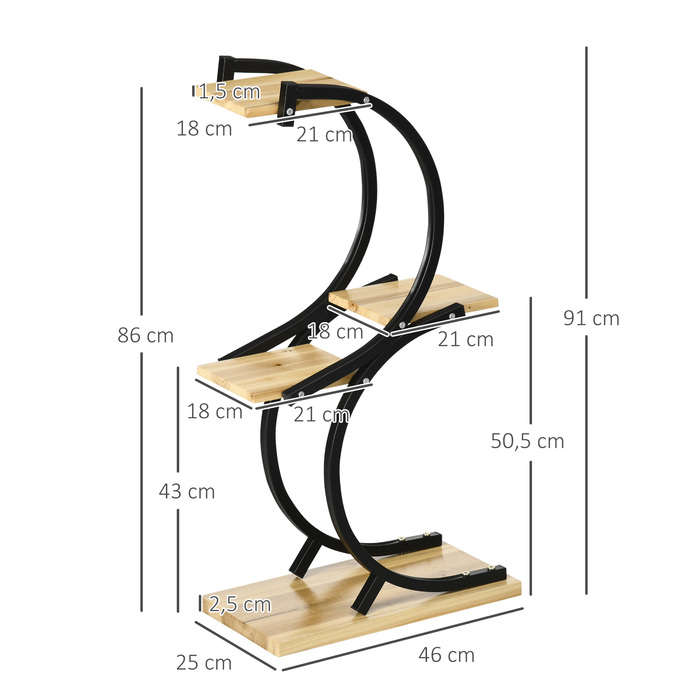 Outsunny Plant Shelf S-Shaped Flower Ladder 4-Tier Plant Stand with Metal Frame and Solid Wood Black 46x25x91cm for Garden & Balcony