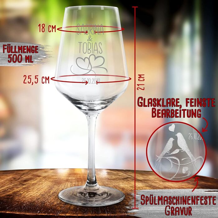 Engraved Wine Glasses - Hearts - Personalize with Name & Date - Engraved Red Wine Glasses for Couples, Gift for Valentine's Day, Wedding, Christmas, Set of 2