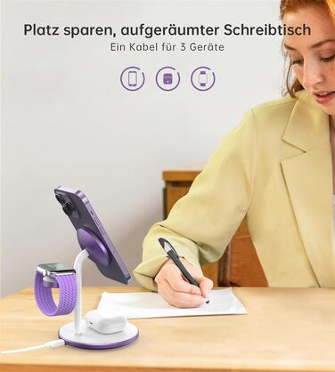 3-в-1 Бездротова Зарядка для Багатьох Пристроїв: iPhone, iWatch, AirPods (15W, MagSafe, Lila)