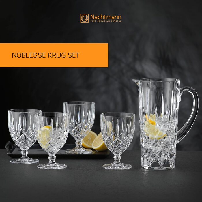 Nachtmann 5-Piece Jug Set, 1190 ml Pitcher with 4 Universal Glasses 350 ml each, Noblesse, 102387, Crystal Glass Gift Set, Dishwasher-Safe