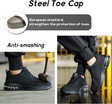 Легкі робочі черевики для чоловіків та жінок. Безпечні, спортивні, з металевим носком. Дихаючі робочі черевики, чорного кольору, розмір 42 EU.