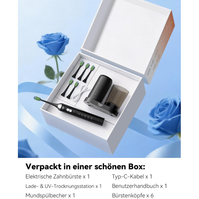 Електрична звукова зубна щітка JTF з УФ-дезінфекцією та сушінням, бездротова зарядка, 5 режимів чищення, 6 насадок, стаканчик для полоскання, акумуляторна для дому та подорожей (Чорна)