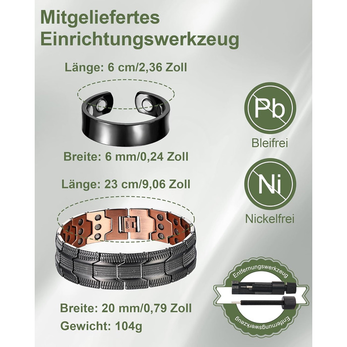 Браслет на зап'ястя MagEnergy для чоловіків з 3 потужними магнітами - Елегантний дизайн, чиста мідь, регульована довжина, чорний браслет-сет