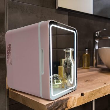 Olvy Skincare Fridge - 4 Liter Mini Fridge with LED Mirror - Portable Beauty Fridge, Cooling & Heating for Room Use (Pink)