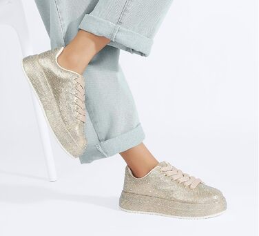 Жіночі кросівки LUCKY STEP зі стразами, платформа, блискучі, модель для вечірки, весілля, прогулянок (39 EU, золотий колір)