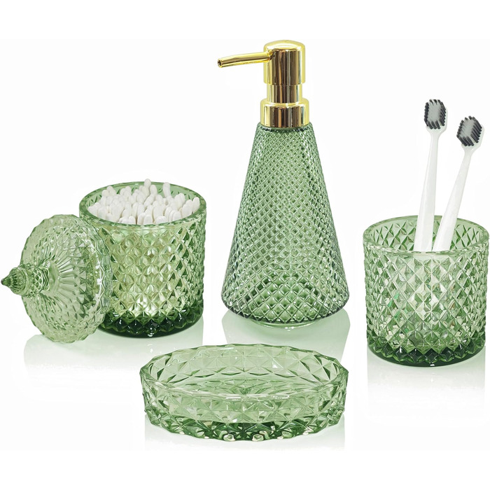 Набір аксесуарів для ванної кімнати, зелений, 4 шт. (скло), набір для ванної кімнати з дозатором мила, мильницею, тримачем для зубних щіток, скляною баночкою для ватних паличок, декор у стилі бохо, сучасний