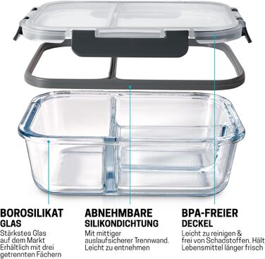Набір контейнерів для їжі Igluu Meal Prep (3 шт.) – 980 мл, з 3 відділеннями, з боросилікатного скла, BPA-free, підходить для мікрохвильовки, духовки, морозильної камери та мийки посуду, витікання неможливе