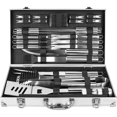 Набір грилю OUUTMEE 30шт з алюмінієвим кейсом: шампур, щипці, лопатка, ніж, пензлик для соусу. Інструменти для грилю, кемпінгу та відпочинку на природі