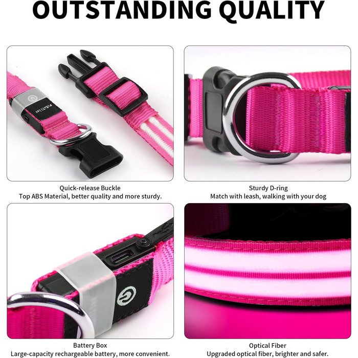 Світлодіодне нашийник для собак PcEoTllar, водонепроникний, 3 режими світіння, для малих, середніх та великих собак, рожевий
