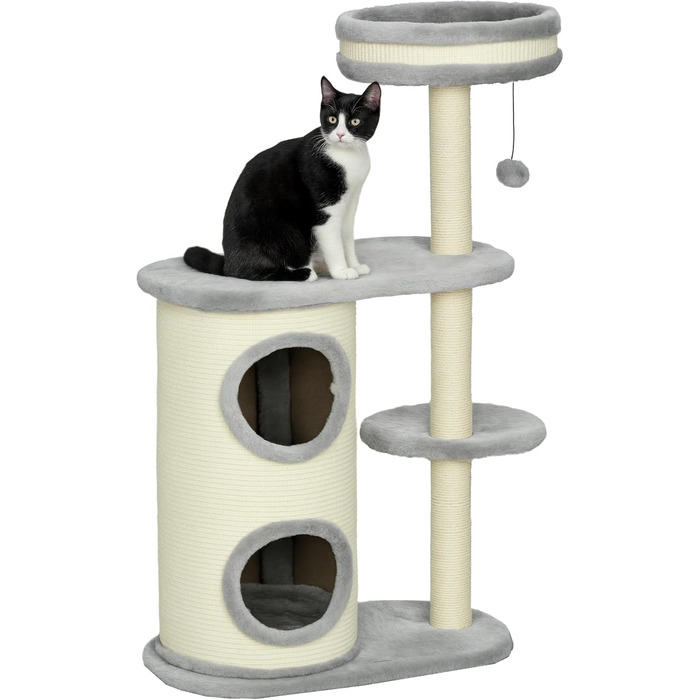 Кігтеточка PawHut для котів 100 см з платформою, м'якими подушками та сизалевими стовпчиками, кремово-білий (сірий)