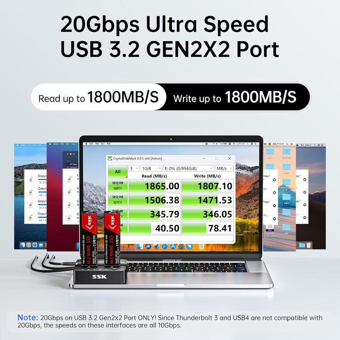 Док-станція для SSD NVMe M.2 (Dual Bay) SSK - 20Gbps, USB 3.2 Gen 2X2, Клонування, для ПК