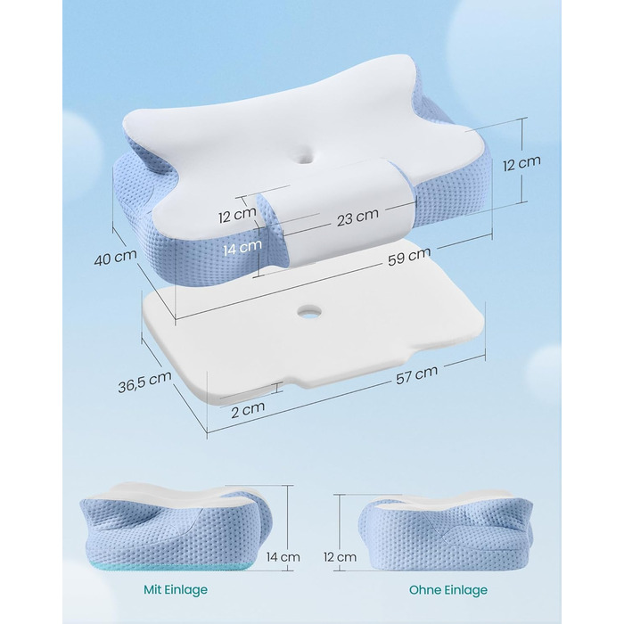 Подушка SONGMICS ергономічна з Memory Foam, регульована висота, для сну на боці, спині та животі, колір: блакитно-білий (TBP051GZ02)