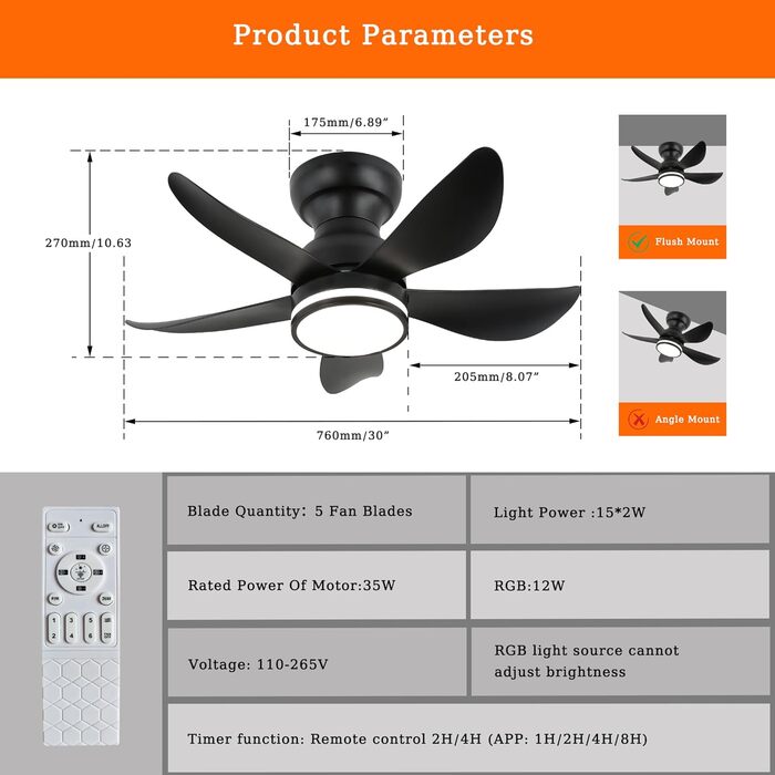 30-дюймовий стельовий вентилятор з підсвічуванням RGB, диммирування, керування пультом та додатком, 6 швидкостей, таймер, чорний, діаметр 76 см