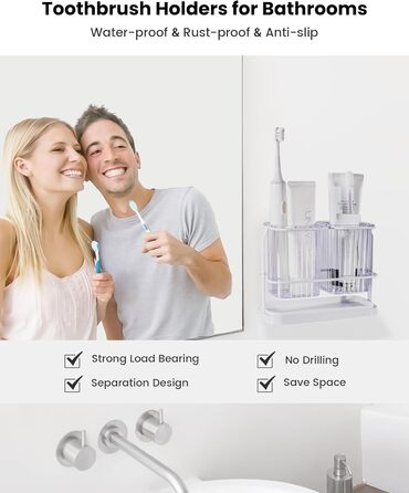 KONE Toothbrush Holder, Wall Mount, Bathroom, Hanging Electric Toothbrush Holder with 2 Removable Compartments, Drainage, Dry and Wet Separation for Bathroom, Kitchen, Family (white)