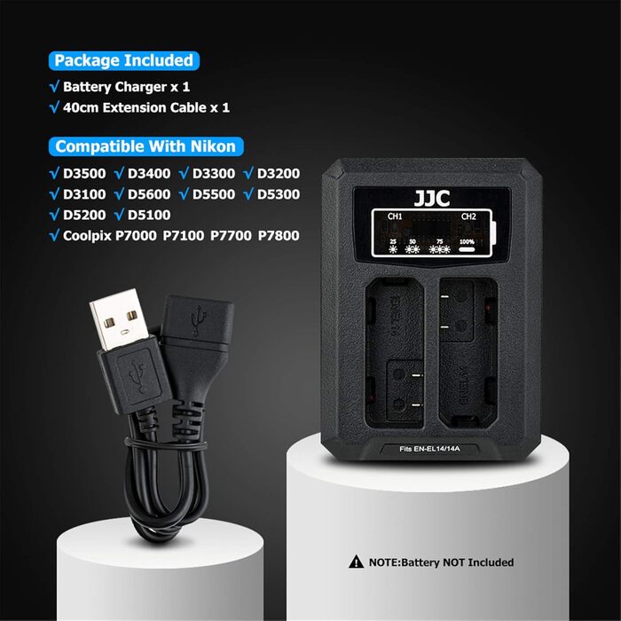 Подвійний USB зарядний пристрій для камер Nikon (D5600, D5500, D5300, D5200, D5100, D3500, D3400, D3300, D3200, D3100, DF) - сумісний з акумуляторами EN-EL14/EN-EL14A