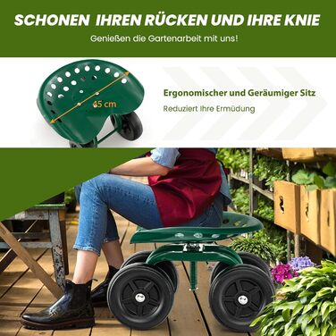 COSTWAY Rolling Seat with Wheels, 360° Swivel | Height Adjustable, Mobile Garden Seat Outdoor Garden Stool, up to 150 kg | Wide Tires, Garden Rolling Seat Metal, for Gardening & Car Care, Green