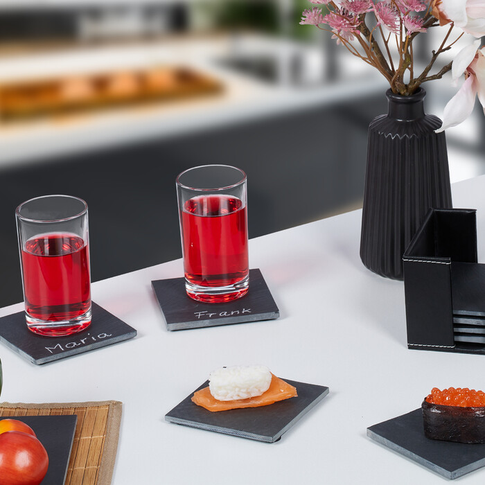 Relaxdays Slate Coasters, Set of 8, Bamboo Box