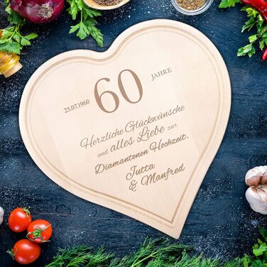 Casa Vivente Heart Cutting Board with Personalized Engraving and Juice Groove, Diamond Wedding Anniversary Wishes with Name and Date, 30 x 30 CM