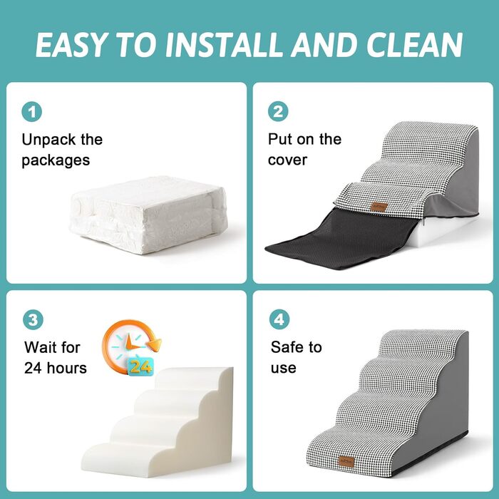 Dog Stairs for Small Dogs 50cm, Pet Stairs for Bed made of High-Density Sponge, Dog Stairs Dog Ramp with Washable Cover and Non-Slip Bottom, 40x72x50cm, 4 Steps, (White/Black, 4 Steps (40x72x50cm))