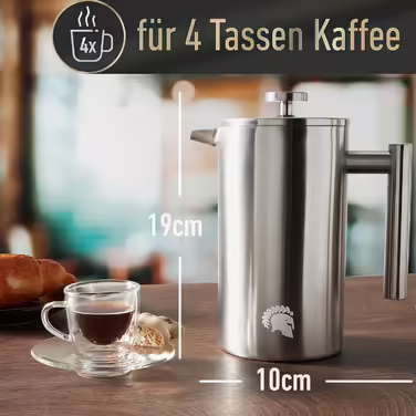 Barista Legends French Press Stainless Steel Coffee Maker 1 Liter - Double-Walled Thermal Coffee Press for Consistently Fresh Filter Coffee - Also Suitable as a Coffee Maker for Coffee While Camping! Matte Silver 1000ml