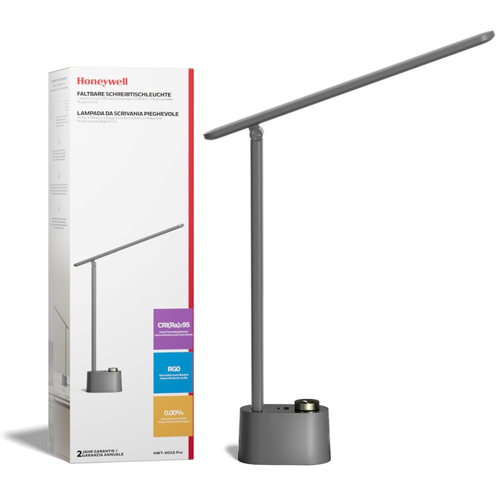 LED-лампа Honeywell H01 Pro Sunturalux™ з USB A+C, регульована яскравість, 3 режими, для дому, офісу та читання (сіра)
