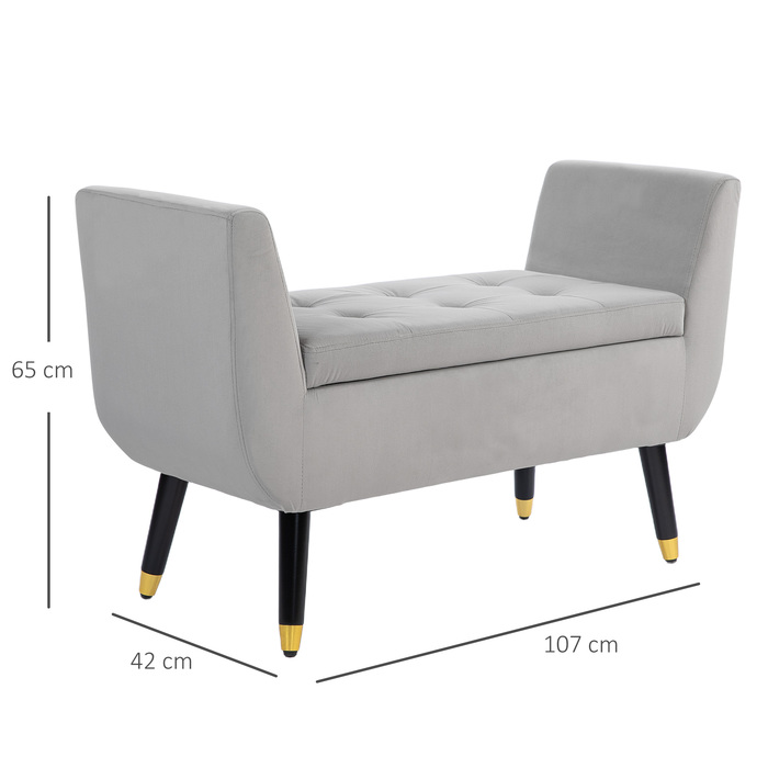 HOMCOM Luxury Bench, Upholstered Bench with Storage, Armrests, Trunk Bench, Velvet-like Polyester, Rubberwood, Light Gray, 107 x 42 x 65 cm | Aosom